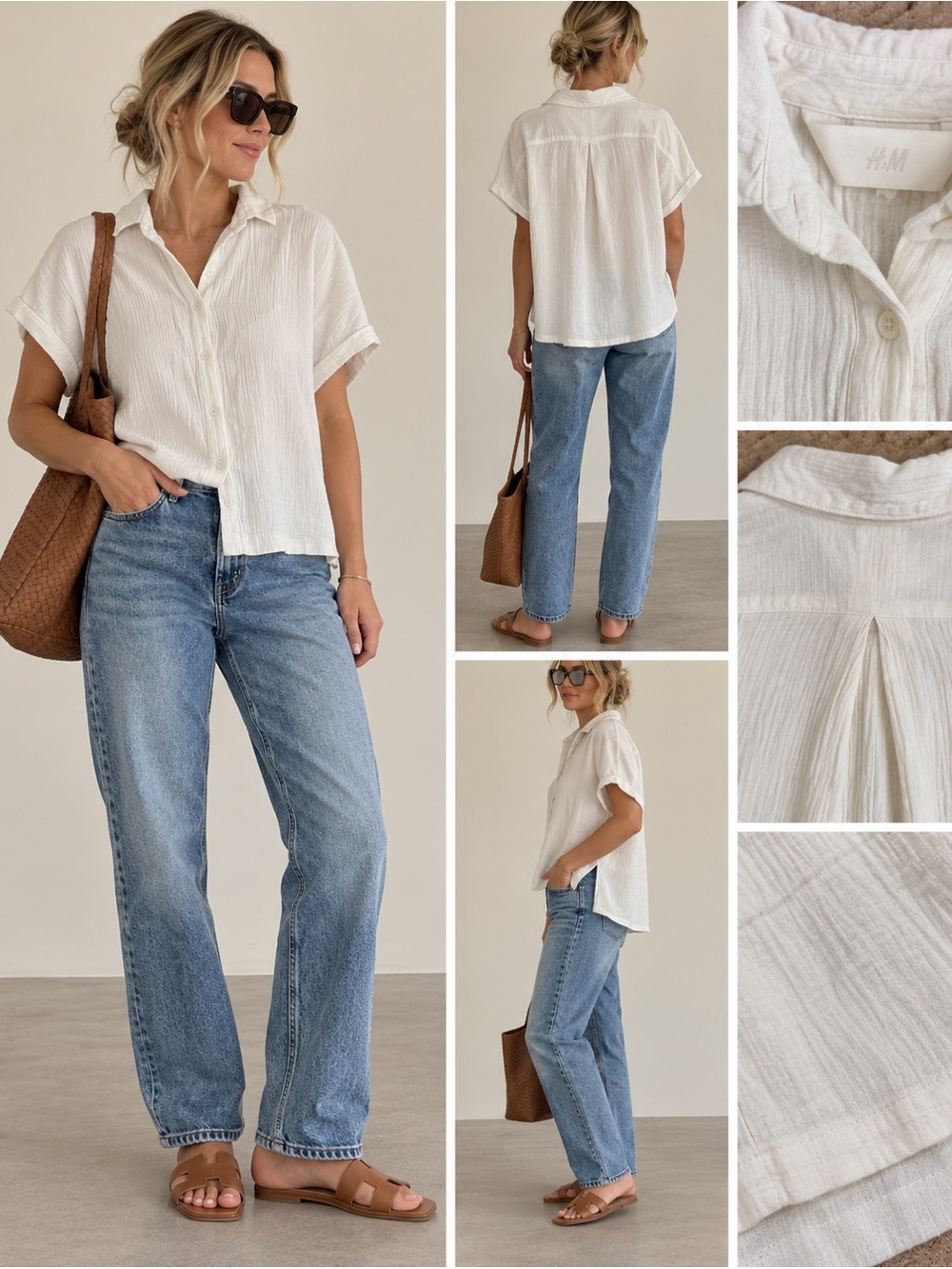 H&M Crinkled Cotton Shirt Short Sleeve White Size Medium